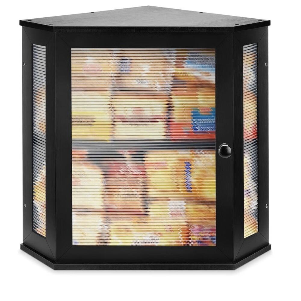 Corner Bread Box for Kitchen Counter, Black Bamboo Bread Box w/Wavy Acrylic Wind